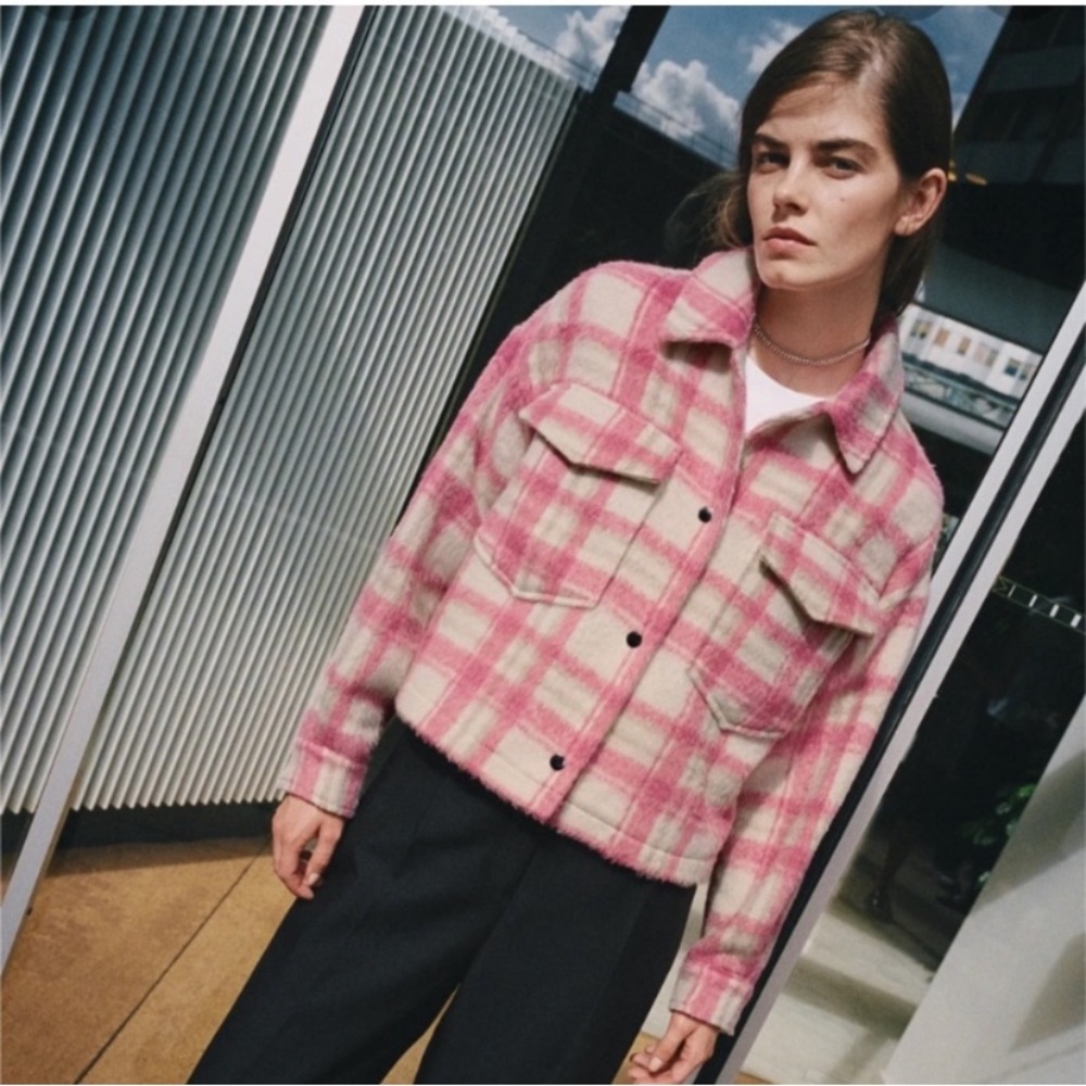 Zara Pink and White Plaid Wool-Blend Cropped Jacket - Picture 3 of 5